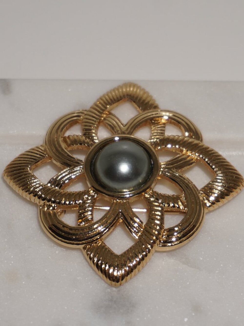 Vintage Parisian Grey Faux Pearl Gold Tone Brooch 1980s Avon